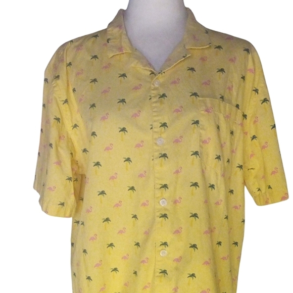 Public Art Yellow Flamingo Palm Tree Print Button Front Camp Shirt Cotton Sz XL - Picture 2 of 9